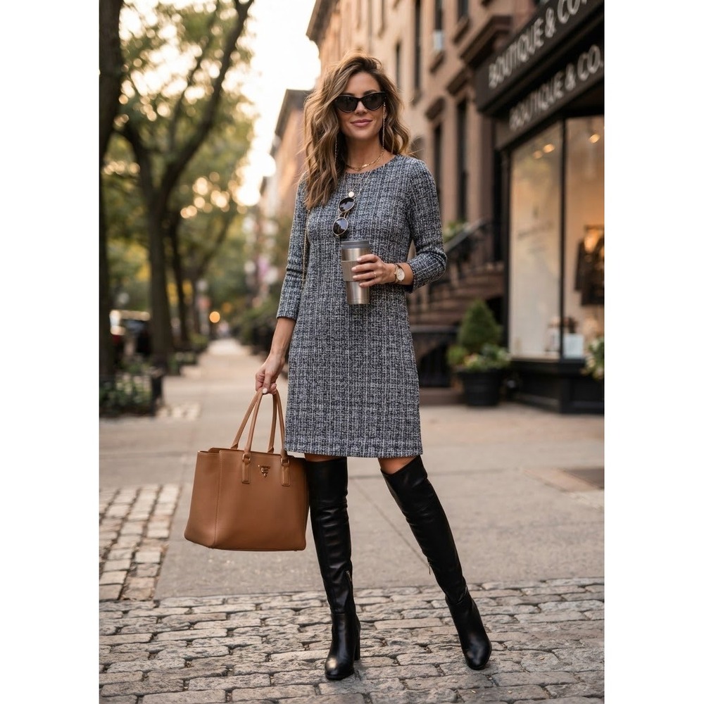 J. Jill Wearever Black White Tweed Knit Shift Dress 3/4 Sleeve Size S NWT